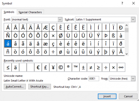 Selecting diacritics in MS Word.