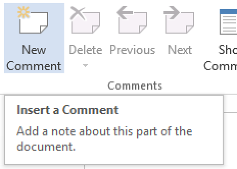 The "New Comment" button on the toolbar in Microsoft Word.