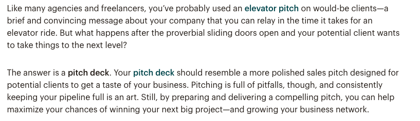 Screenshot of copy explaining the difference between an elevator pitch and a pitch deck. Uses conversational tone to emphasize that a pitch deck is a more polished sales pitch for clients.
