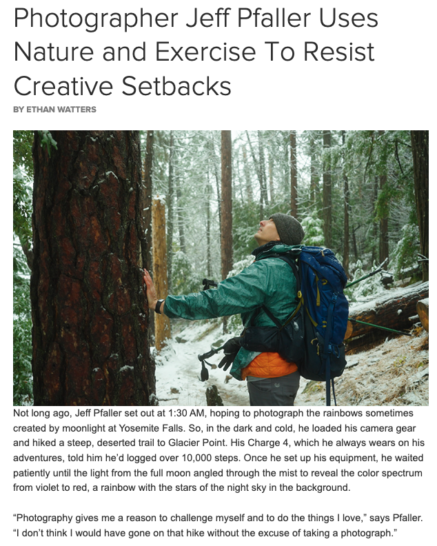 Article screenshot featuring photographer Jeff Pfaller hiking through snowy woods with a camera. Text explains how he uses nature and exercise to overcome creative setbacks. Tone is personal and inspiring.