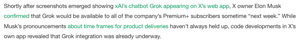 Screenshot of a news-style paragraph discussing Grok’s upcoming integration into X’s web app, with commentary on Elon Musk’s delivery timelines. Uses a journalistic, tech-focused tone.
