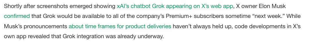 Screenshot of a news-style paragraph discussing Grok’s upcoming integration into X’s web app, with commentary on Elon Musk’s delivery timelines. Uses a journalistic, tech-focused tone.