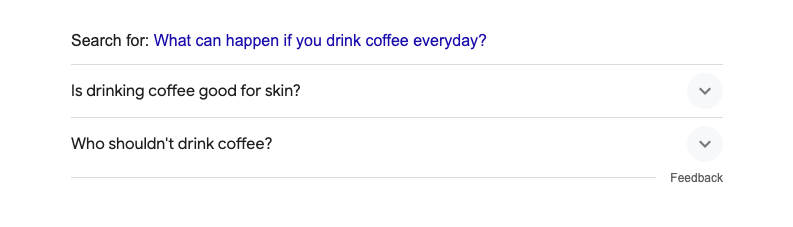 Screenshot showing Google’s “People also ask” feature for the query “What can happen if you drink coffee everyday?” with two expandable suggestions: “Is drinking coffee good for skin?” and “Who shouldn’t drink coffee?”