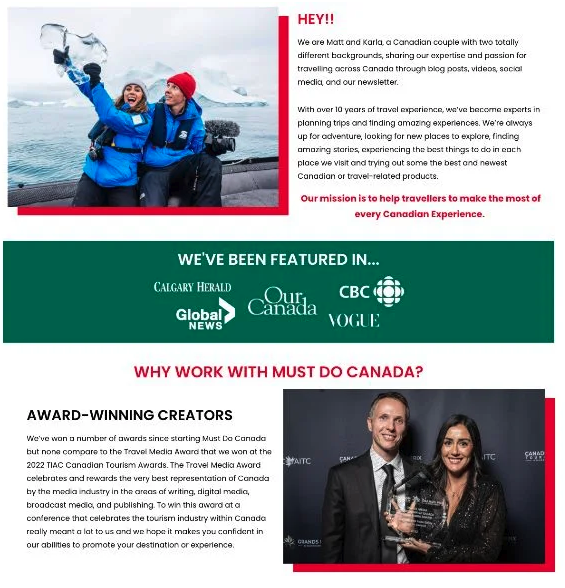 Media kit for travel content creators Matt and Karla from “Must Do Canada,” showcasing press features, mission statement, and awards. Includes photos of the couple outdoors and dressed formally at an awards ceremony, with logos from CBC, Global News, Vogue, and others.