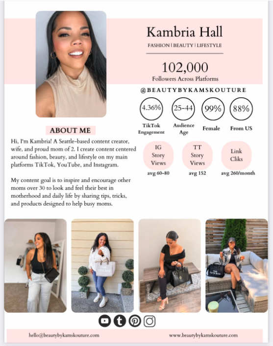 Media kit for content creator Kambria Hall showing audience demographics, engagement stats, and brand photography. Includes 102K followers, 4.36% TikTok engagement, and insights like 99% female audience aged 25–44. Features photos of Kambria in lifestyle and fashion settings.