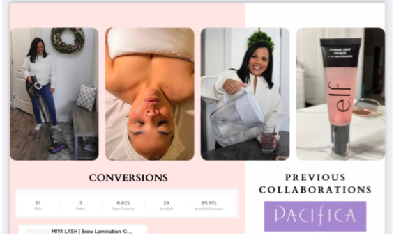 Kambria Hall’s media kit highlights brand collaborations, campaign conversions, and lifestyle content images. Shows screenshots of her pouring water, using a vacuum, and lying down for a skincare treatment, alongside brand imagery for Pacifica and e.l.f. cosmetics.