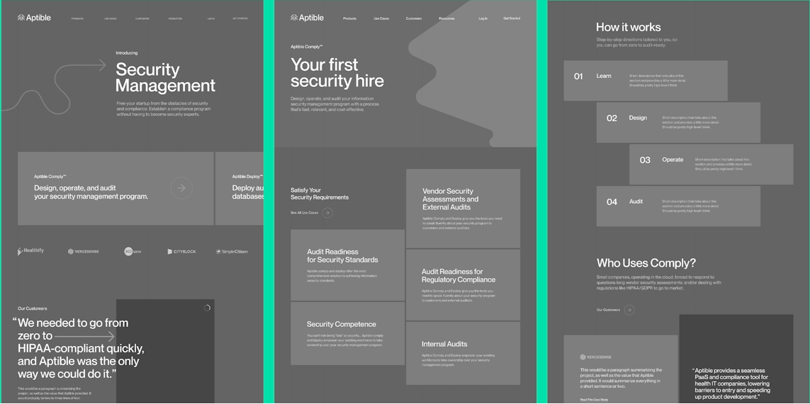 Three-column grayscale wireframe of a security software website (Aptible) showing a hierarchical layout of feature descriptions, headings like “Your first security hire,” and process steps such as Learn, Design, Operate, and Audit.