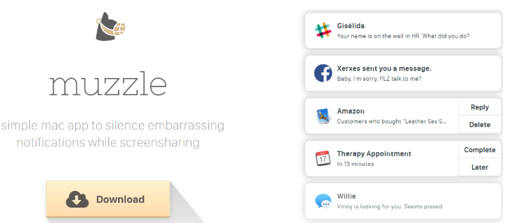 Homepage for Muzzle, a mac app that silences notifications while screensharing, with a list of humorous mock notifications from services like Slack, Facebook, Amazon, and more.