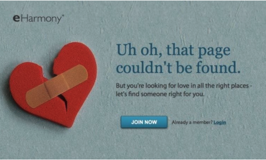 eHarmony error page with a broken heart graphic and the message: ‘Uh oh, that page couldn't be found. But you're looking for love in all the right places – let's find someone right for you.’