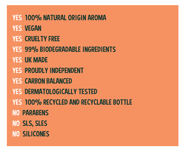 List of sustainability claims including vegan, cruelty-free, 99% biodegradable, UK made, carbon balanced, and no parabens, SLS, or silicones.