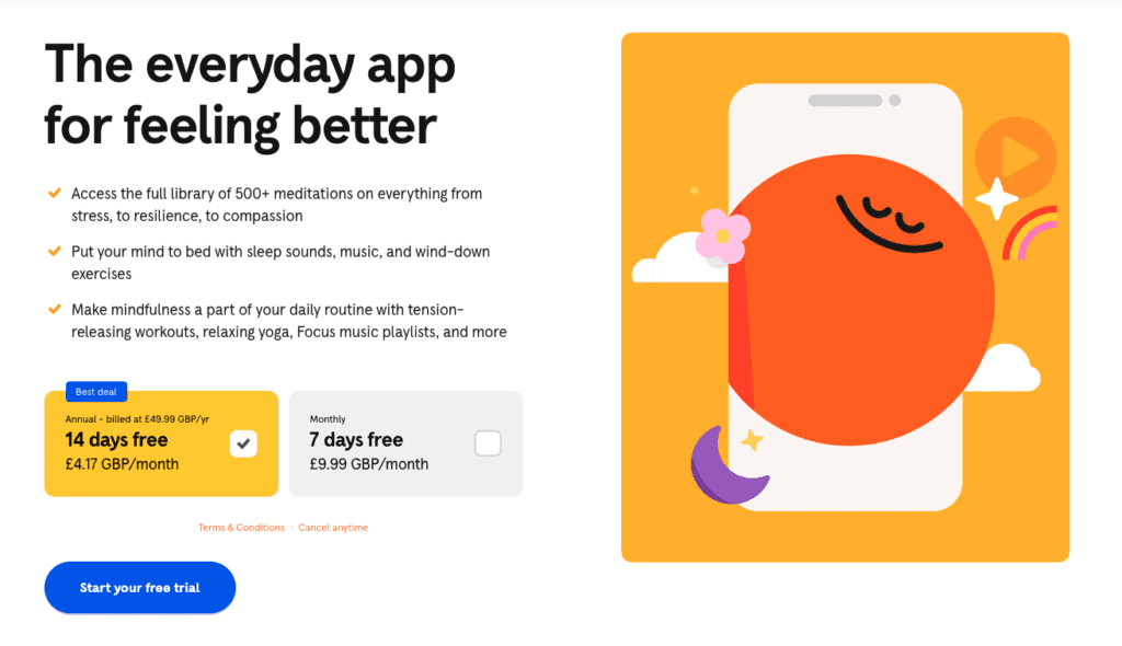 Illustrated landing page for Headspace app showing a smiling orange character on a smartphone with text highlighting meditation, sleep tools, and free trial offers.