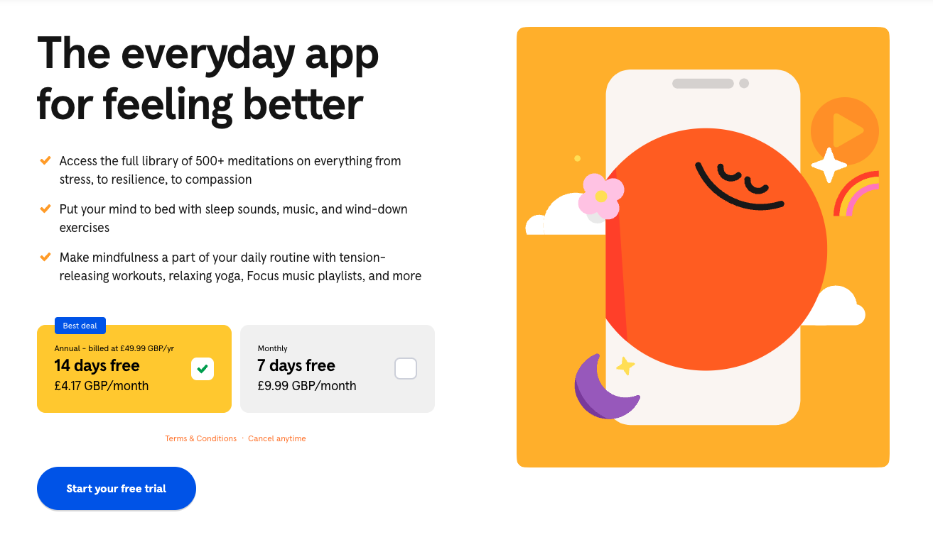Illustrated landing page for Headspace app showing a smiling orange character on a smartphone with text highlighting meditation, sleep tools, and free trial offers.