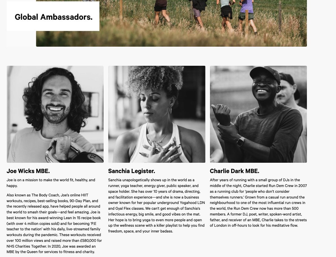 Black and white portraits and bios of Lululemon ambassadors Joe Wicks, Sanchia Legister, and Charlie Dark, each sharing their fitness missions.