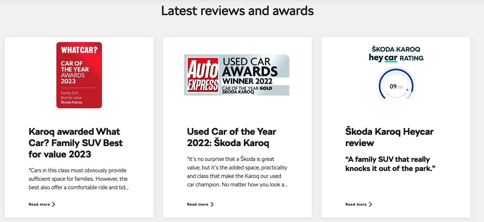 Three award and review highlights for the Škoda Karoq SUV: a red badge for What Car? 2023 Family SUV Best for Value, an Auto Express Used Car of the Year 2022 award, and a 9/10 Heycar rating with the quote “A family SUV that really knocks it out of the park.“