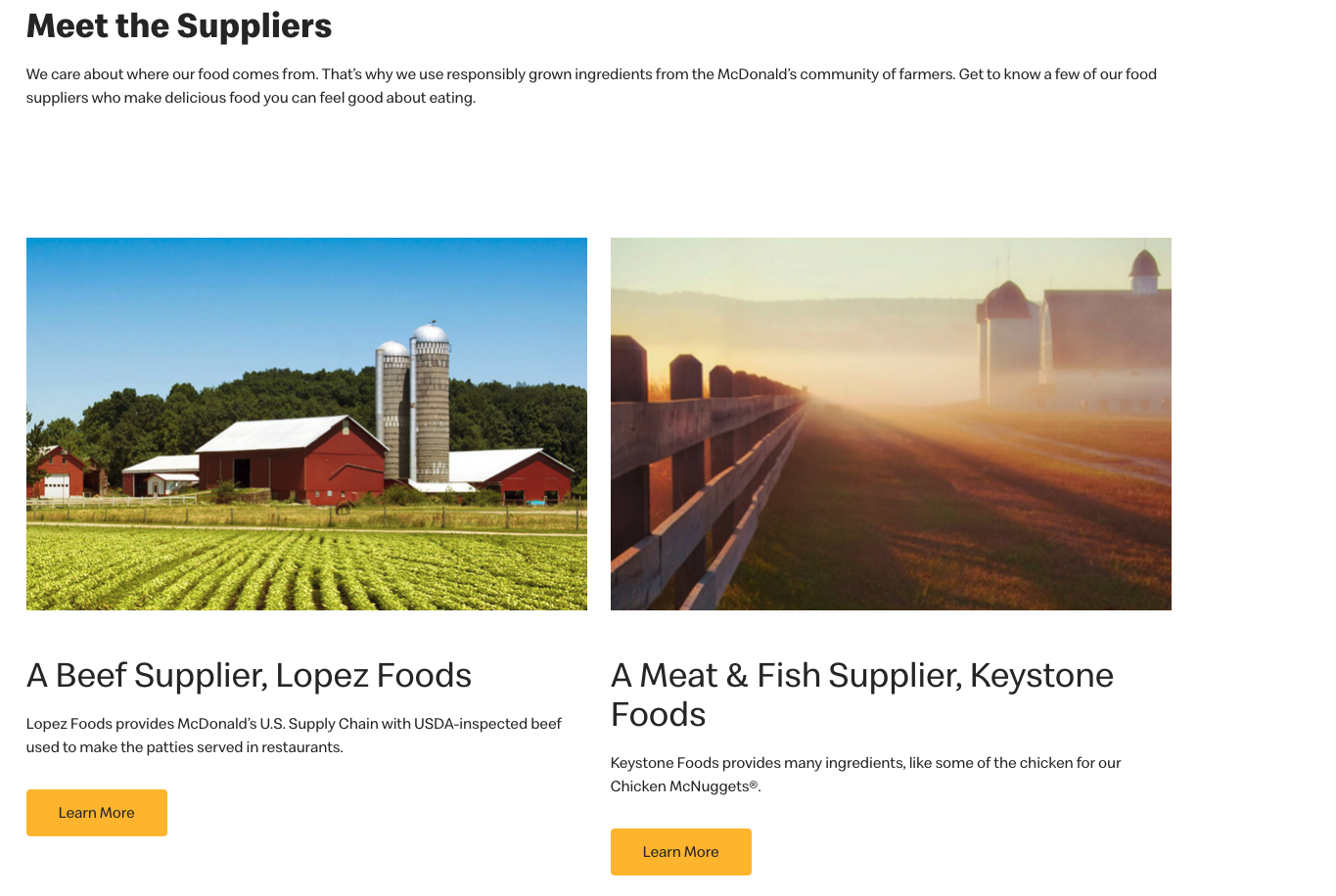 Photos of McDonald’s ingredient suppliers: a sunny farm with red barns and silos representing Lopez Foods, and a misty rural landscape with barns and fencing representing Keystone Foods, both highlighting trusted sources for beef and chicken.