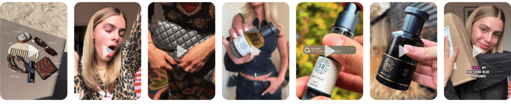 A series of influencer-style images and videos featuring Shay & Blue perfumes in lifestyle contexts—flat lays of accessories on the beach, unboxing clips, product shots in hand, and influencers posing with the brand’s distinctive fragrance bottles.