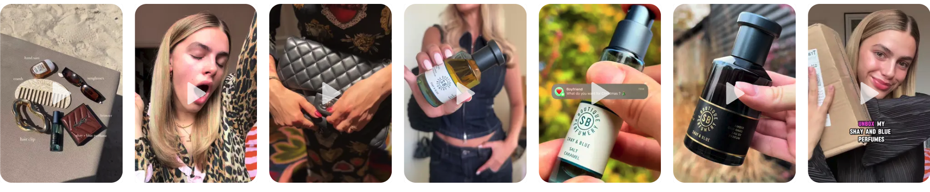 A series of influencer-style images and videos featuring Shay & Blue perfumes in lifestyle contexts—flat lays of accessories on the beach, unboxing clips, product shots in hand, and influencers posing with the brand’s distinctive fragrance bottles.