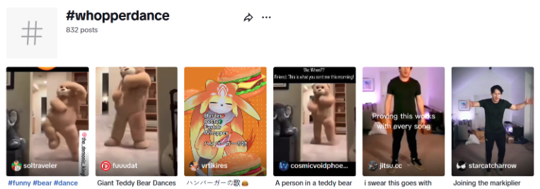 Compilation of TikTok videos under the hashtag #whopperdance, showing users—some in teddy bear costumes—dancing in humorous or viral formats.