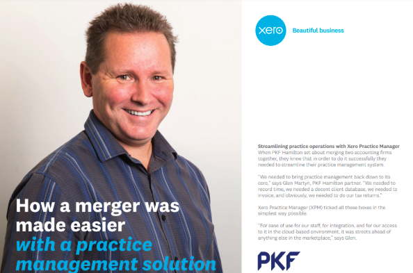 Xero case study showing a smiling man next to the headline “How a merger was made easier with a practice management solution,” alongside testimonial text from PKF Hamilton.