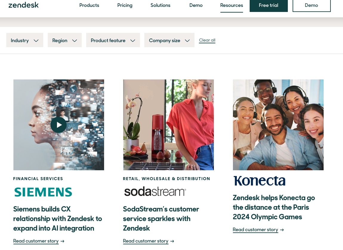 Zendesk customer stories page showing logos and images from Siemens, SodaStream, and Konecta. Highlights real-world use cases of Zendesk in finance, retail, and customer service.