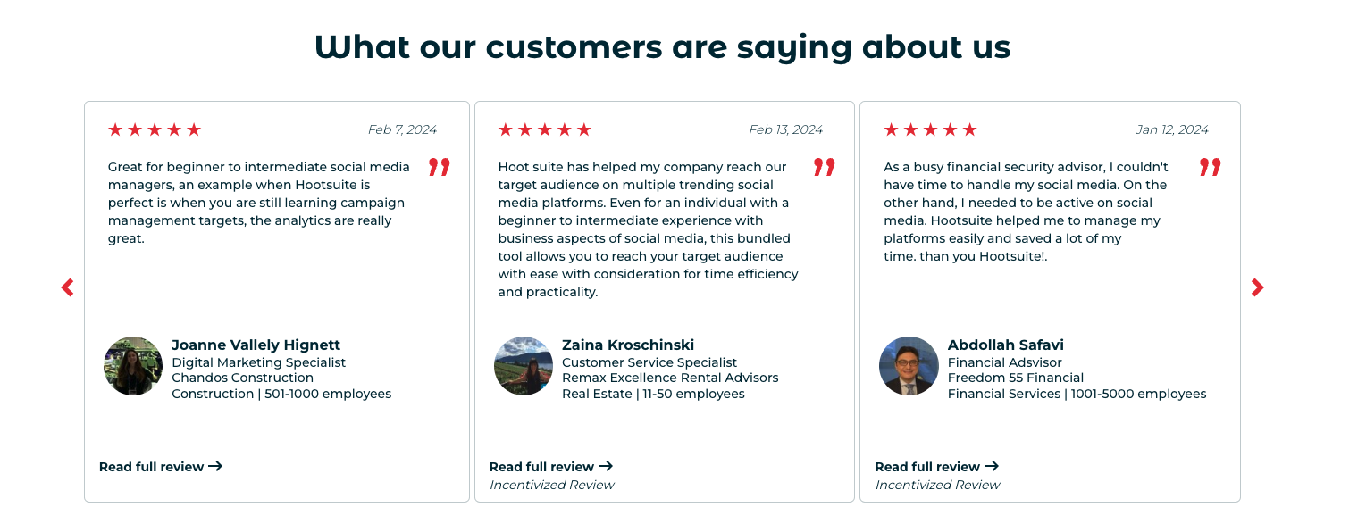 Carousel of Hootsuite customer reviews featuring headshots, star ratings, and testimonials from professionals in marketing, real estate, and finance praising the platform’s usability and effectiveness.