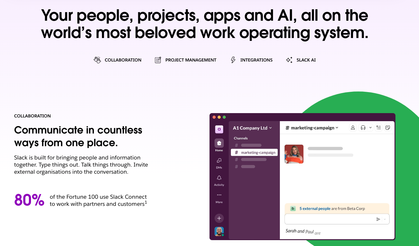 Slack homepage banner showing a collaborative workspace interface and bold text about unifying people, projects, apps, and AI. Highlights Slack Connect’s use by 80% of Fortune 100 companies.