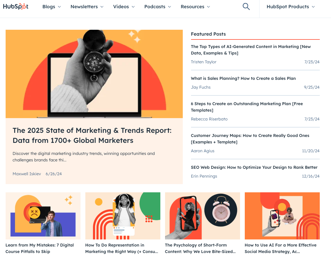 HubSpot blog interface featuring the 2025 State of Marketing & Trends Report and articles on AI content, customer journey maps, and digital course pitfalls. Visuals include bright, modern illustrations of tech and marketing icons.