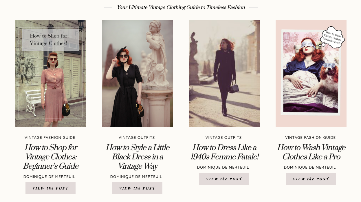 Vintage fashion blog thumbnails showing women in retro outfits, including a pink dress, little black dress, 1940s-style ensemble, and a whimsical robe with a dog. Titles focus on vintage style and care guides.