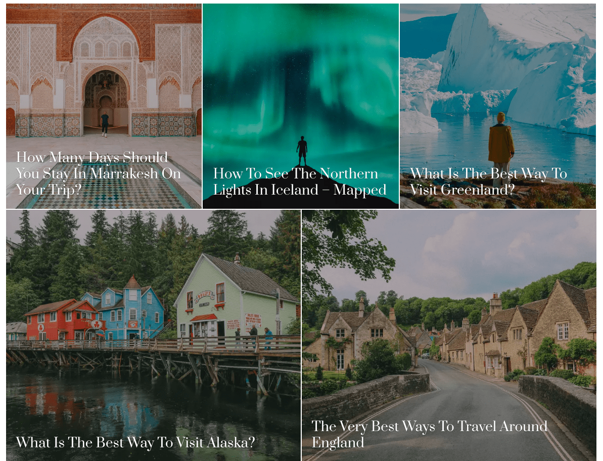 Collage of travel blog thumbnails featuring destinations like Marrakesh, Iceland, Greenland, Alaska, and England — representing examples of location-focused travel content.