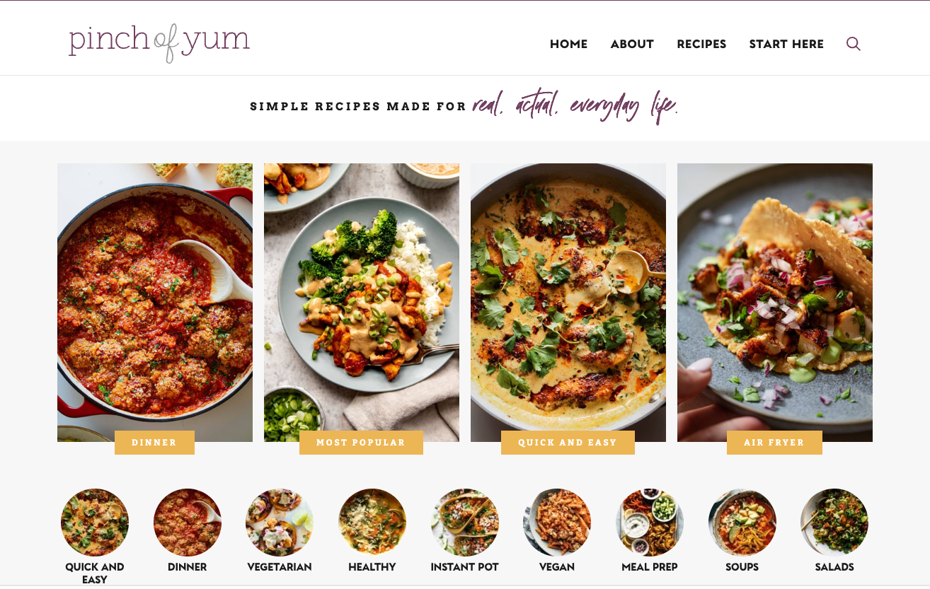 Screenshot of the Pinch of Yum homepage showing bright food photography of meals like meatballs, rice bowls, creamy chicken, and tacos. Categories include quick and easy, vegetarian, and air fryer.