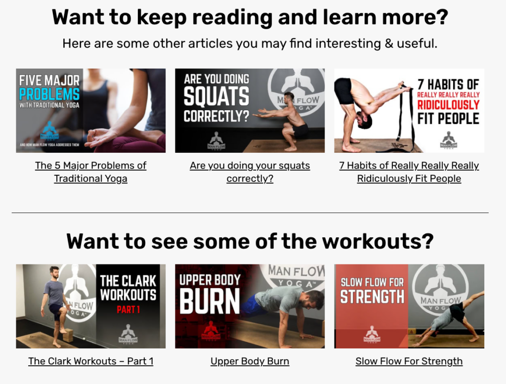 Gallery of fitness blog thumbnails from Man Flow Yoga, featuring titles like “The 5 Major Problems of Traditional Yoga,” “Upper Body Burn,” and “Slow Flow for Strength,” with images of yoga poses and workouts.