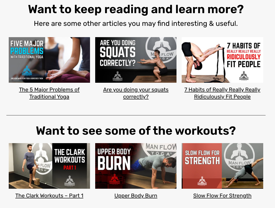 Gallery of fitness blog thumbnails from Man Flow Yoga, featuring titles like “The 5 Major Problems of Traditional Yoga,” “Upper Body Burn,” and “Slow Flow for Strength,” with images of yoga poses and workouts.