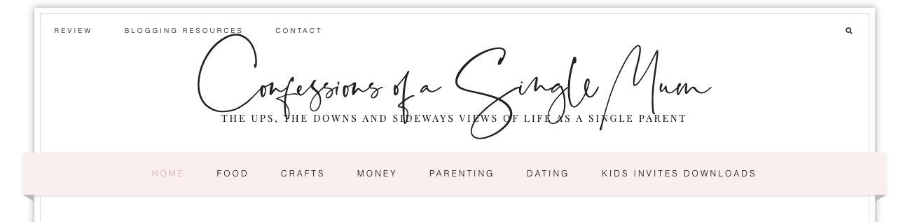 Website header for the blog “Confessions of a Single Mum,” with the tagline “The ups, the downs and sideways views of life as a single parent.” Menu includes categories like food, parenting, and money.