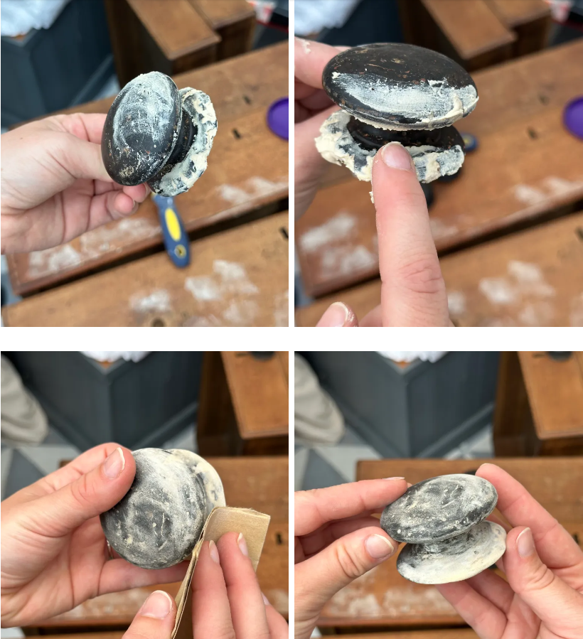 Step-by-step photo collage of someone restoring an old furniture knob, applying filler and sanding it smooth. Set on a wooden surface with hands in each shot.