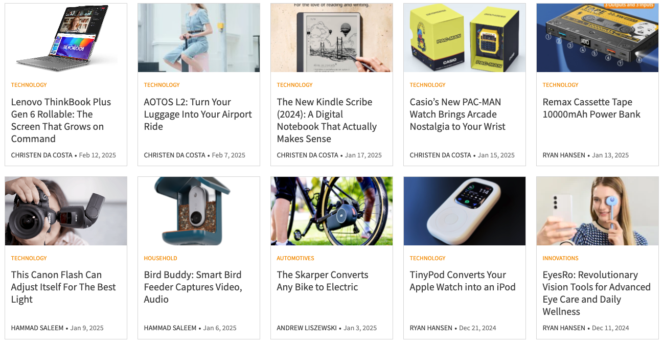 Grid of tech blog thumbnails covering gadgets like a Lenovo rollable screen laptop, Kindle Scribe, smart bird feeder, and bike motor attachment. Articles feature new product reviews and innovations.