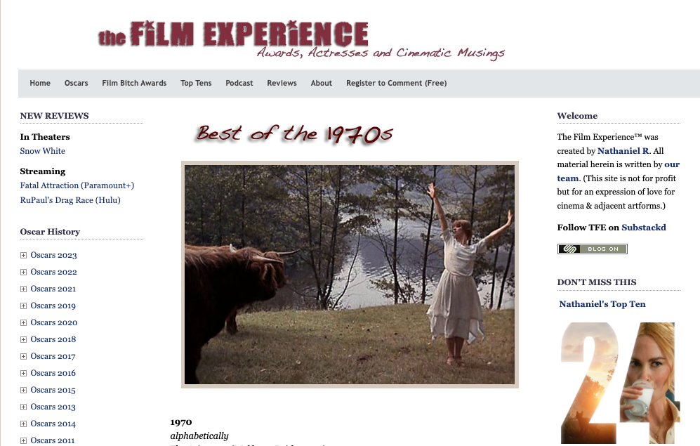 Screenshot from The Film Experience blog’s “Best of the 1970s” feature. Central image shows a woman dancing in a field next to a Highland cow, styled like a vintage movie still.