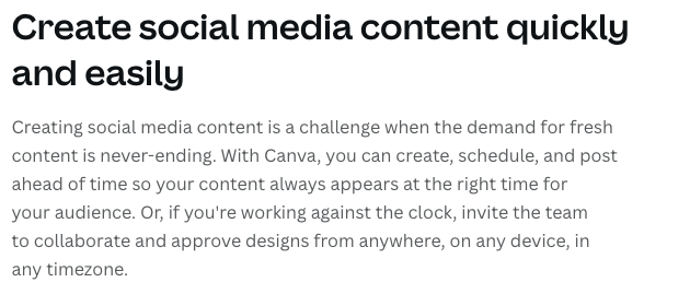 Canva marketing copy promoting how it helps users quickly create and schedule social media content, emphasizing ease of use, collaboration, and time zone flexibility.