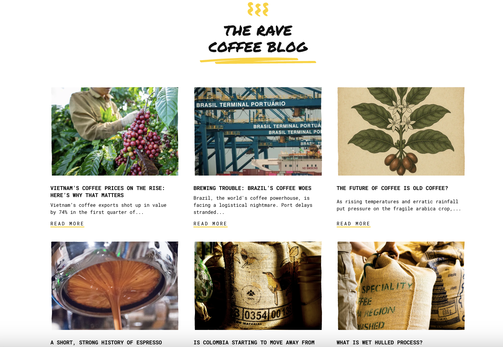 Screenshot of the RAVE Coffee blog homepage displaying articles on coffee sourcing and sustainability, including images of coffee plants and beans.