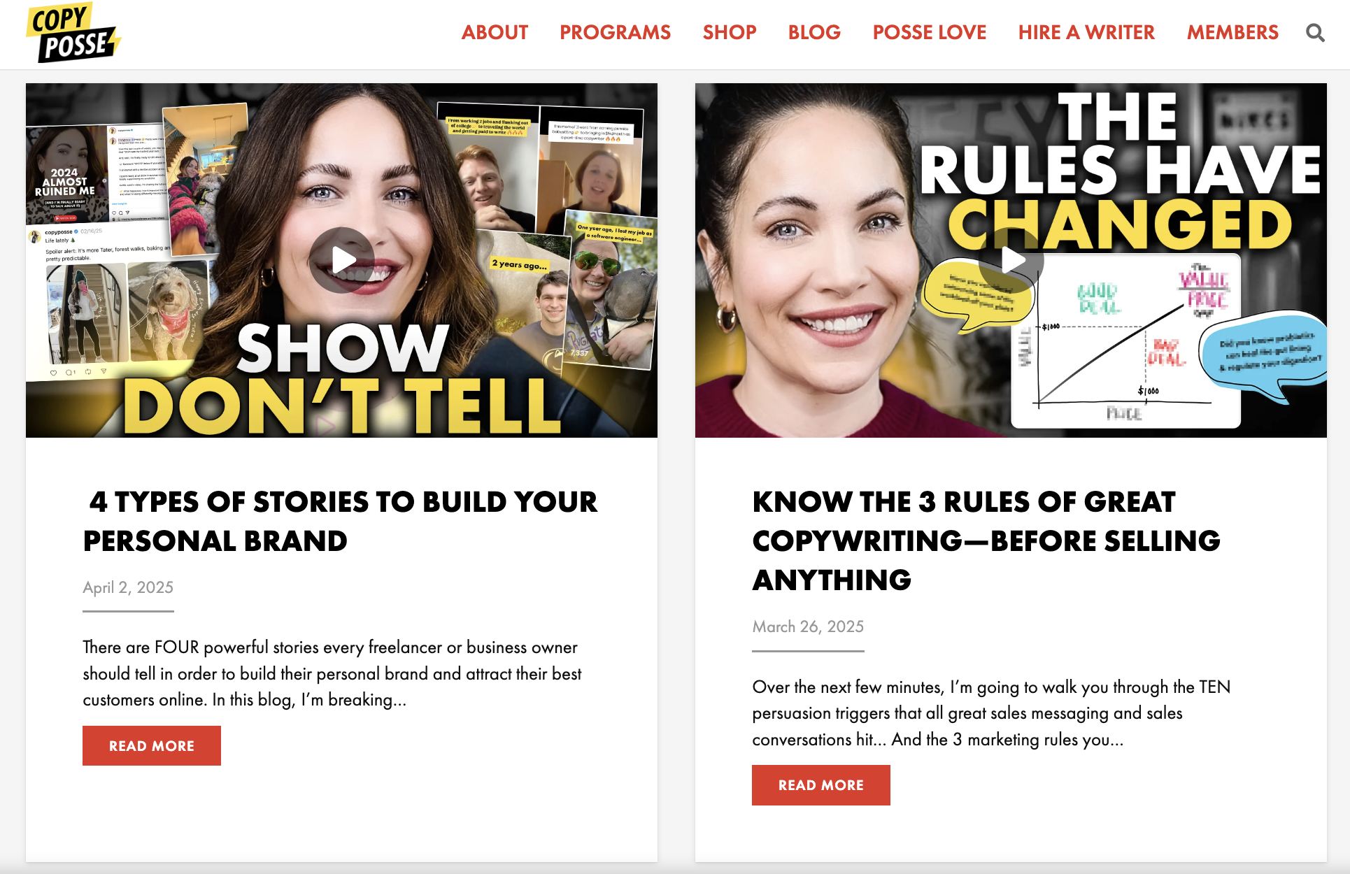 Screenshot from the Copy Posse blog featuring Alexandra Cattoni, with blog post thumbnails on branding and copywriting advice.