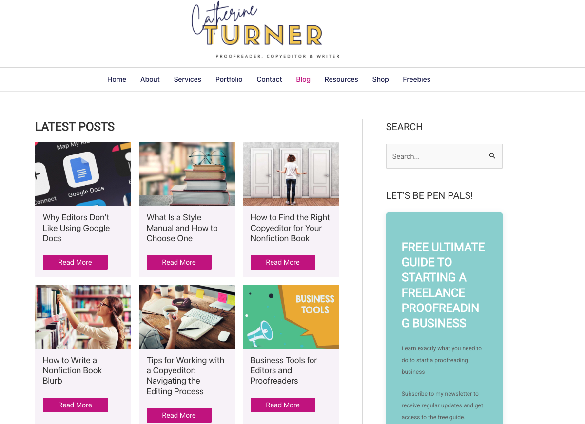 Screenshot of Catherine Turner’s blog showcasing editorial advice articles for writers and editors, including posts on style guides and working with a copyeditor.