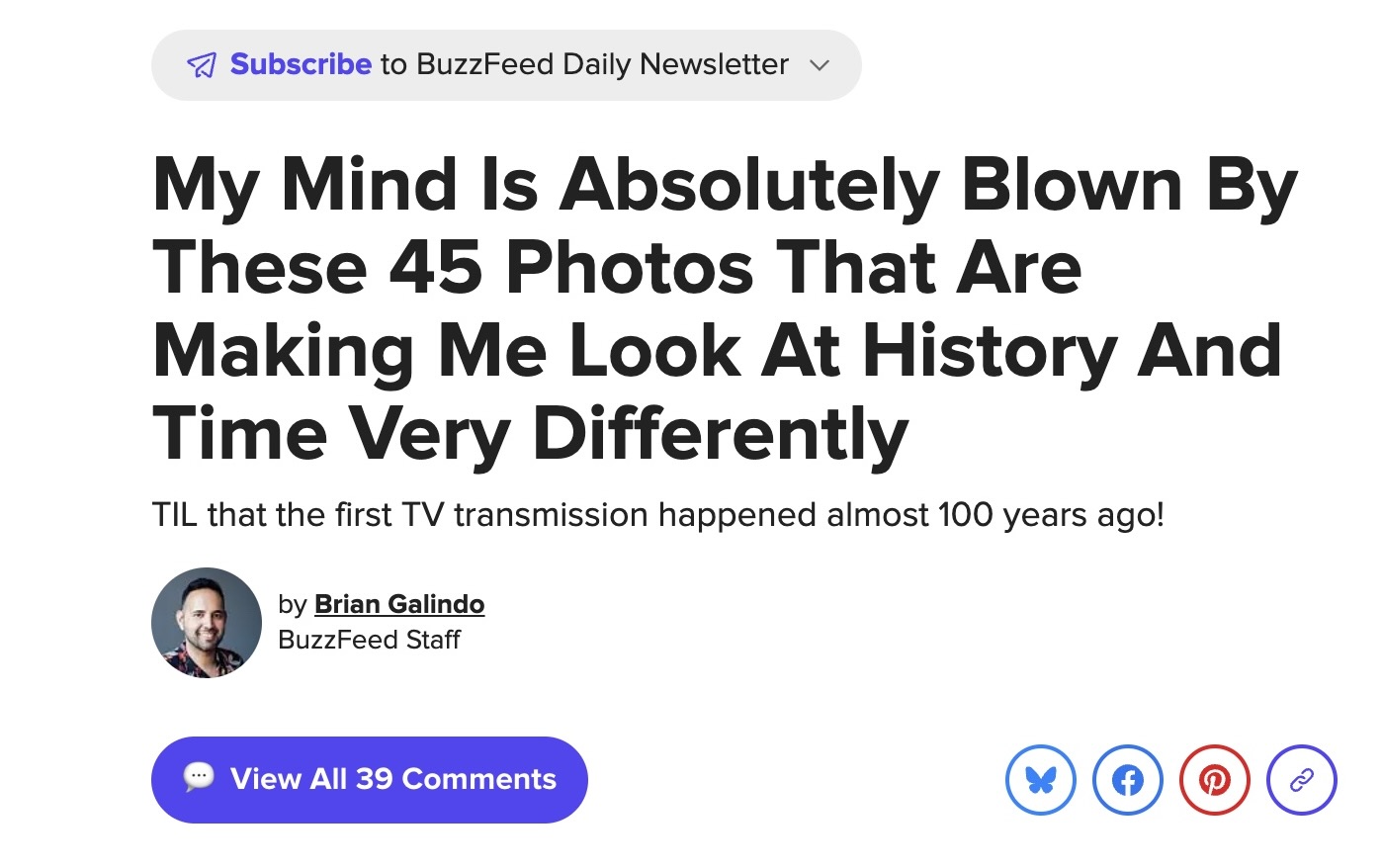 Screenshot of a BuzzFeed article titled “My Mind Is Absolutely Blown By These 45 Photos That Are Making Me Look At History And Time Very Differently,” showing a bold headline and a preview image of historical photos.