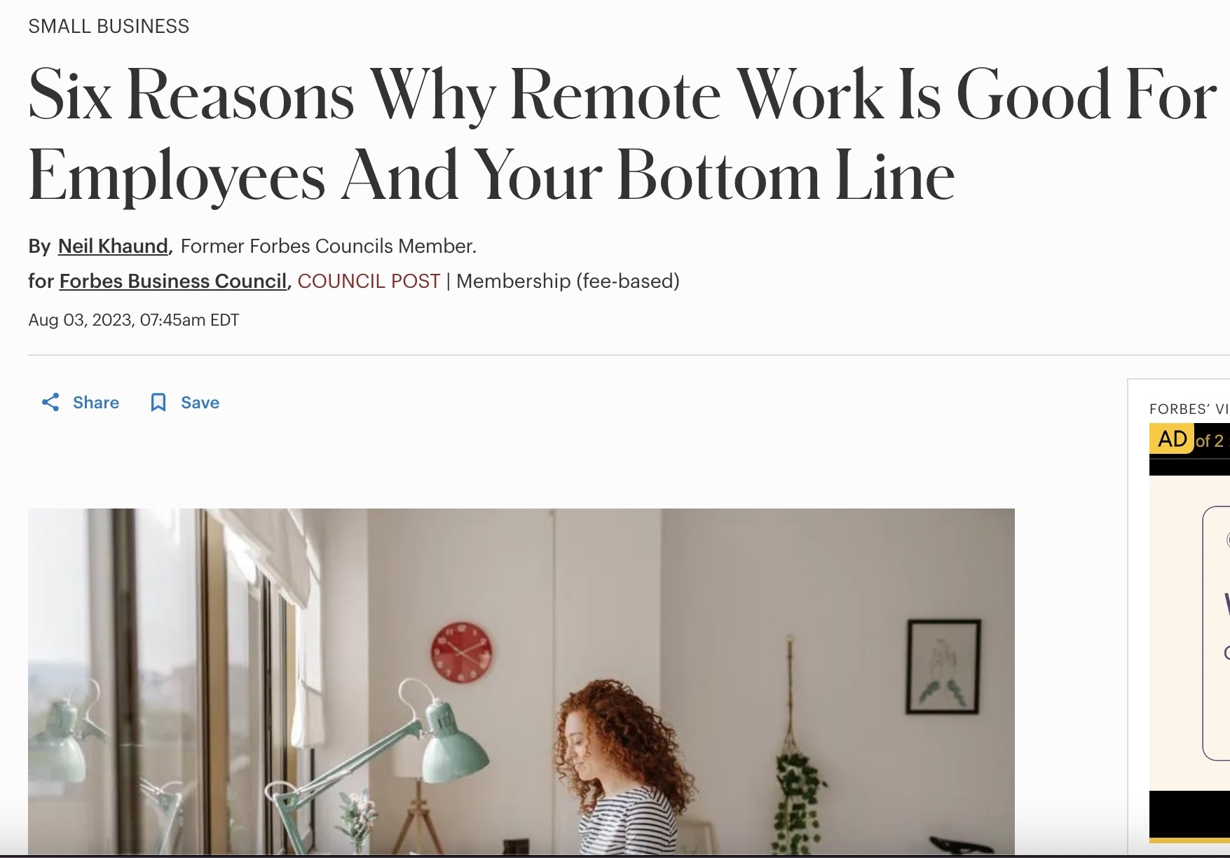 Screenshot of a Forbes article titled “Six Reasons Why Remote Work Is Good For Employees and Your Bottom Line,” featuring the Forbes header and introductory text.