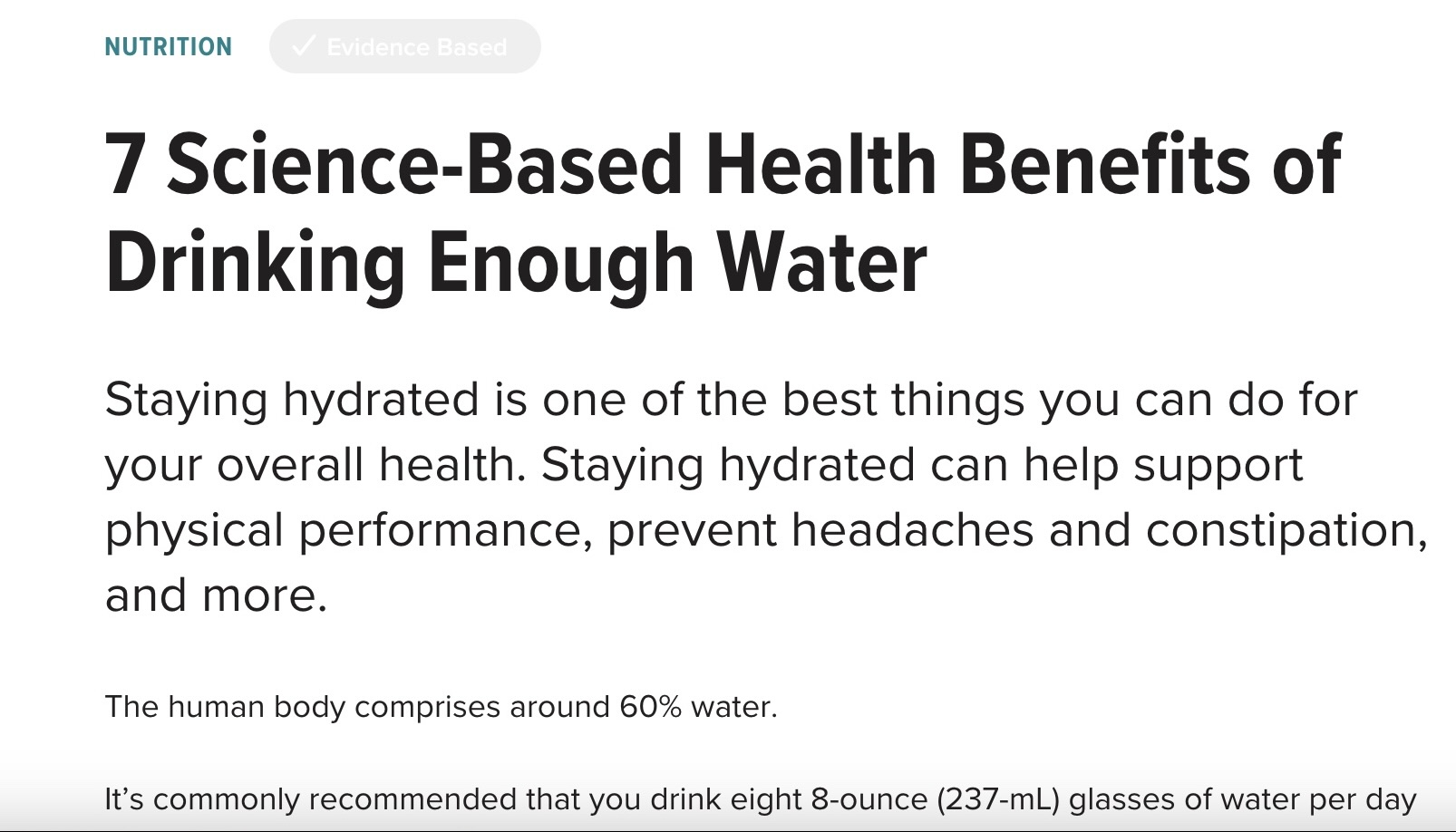 Screenshot of a Healthline article titled “7 Science-Based Health Benefits of Drinking Enough Water,” displaying the page header with a featured image of a glass of water.
