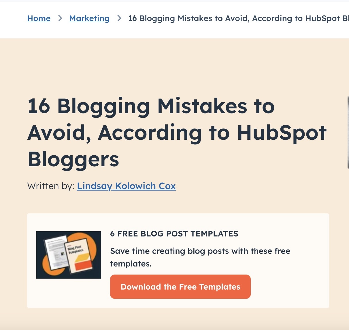 Screenshot of a HubSpot blog post titled “16 Blogging Mistakes to Avoid, According to HubSpot Bloggers,” showing the article title and introduction text on the HubSpot website.
