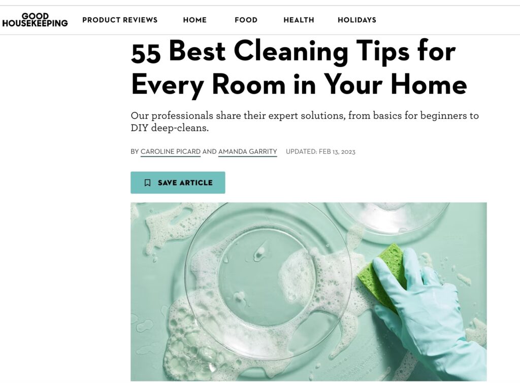 Screenshot of a Good Housekeeping article titled “55 Best Cleaning Tips for Every Room in Your Home,” featuring the headline and a featured image of cleaning supplies.