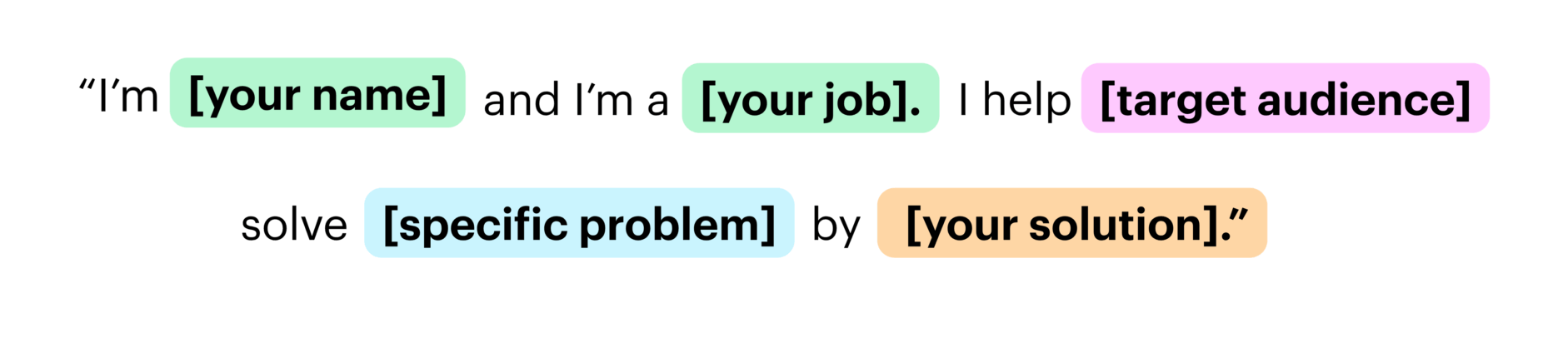 Elevator pitch template with placeholders: I’m [your name] and I’m a [your job]. I help [target audience] solve [specific problem] by [your solution].
